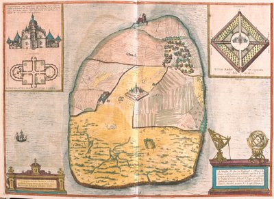 Ilha de Ven e Uranienborg, o palácio e observatório de Tycho Brahe localizado nesta ilha, no Sund (gravura de Franz Hogenberg