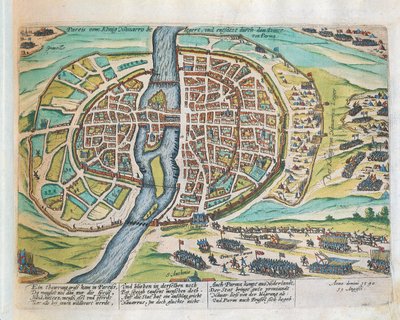 Rei Henrique de Navarra sitiando Paris, agosto de 1590, por Franz Hogenberg, gravando de Franz Hogenberg