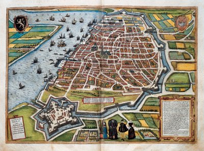 Mapa de Antuérpia, de "Civitates orbis terrarum" (gravura colorida) de Franz Hogenberg