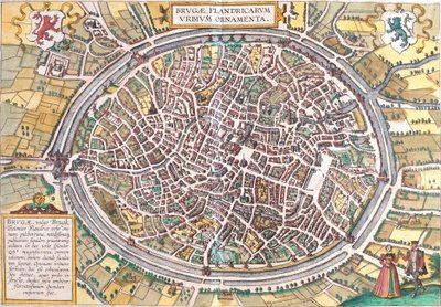 Mapa de Bruges (Brugae), Bélgica (gravura de Franz Hogenberg