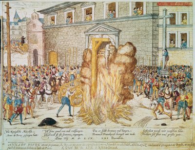 Guerra religiosa: execução da magistrada protestante francesa Anne du Bourg (1521-1559) em 23/12/1559 na Place de Greve em Paris". de Franz Hogenberg