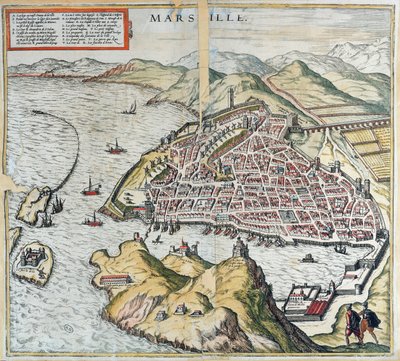 Vista de Marselha no século 16, mostrando o hospital de leprosos no canto inferior esquerdo, de &39;Le Théâtre du Monde&39; por Georg Braun, 1599 de Franz Hogenberg
