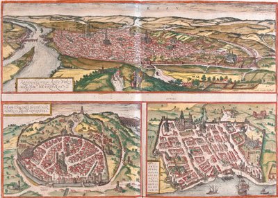 Vista de Rouen (Rotomagus), Nimes (Nemausus) e Bordeaux (Burdigala), França (gravura de Franz Hogenberg
