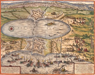 Vista de Tunes (Tunes), Tunísia, com a fortaleza de Goulette (Guleta Arx) que controla o acesso ao Lago Tunis e a nova fortaleza (nova arx) em frente às muralhas da cidade (gravura de Franz Hogenberg