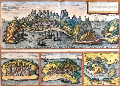 Vista de Aden (Iémen), Mombaça (Mombaza) (Quénia), Kilwa Kisiwani (Quiloa) (Tanzânia) e Cefala Diana (Cefala) (Sicília, Itália) (gravura de Franz Hogenberg
