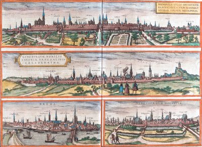 Vistas de Brunswick (Brusvicum), Lüneburg (Loneburgum), Breme (Brema) e Oldenburg (Aldenburgum), Alemanha (gravura de Franz Hogenberg