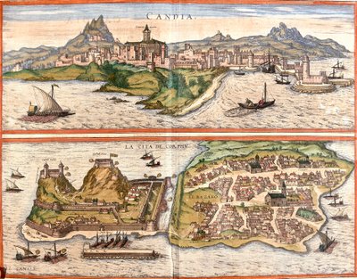 Vistas da Cândia (Candia), actual Heraklion na ilha de Creta e Corfu ou Corcyra (Corphu), ilha grega (gravura de Franz Hogenberg
