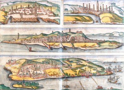 Vistas de Casablanca (Anfa) e Azemmour (Azaamurum) em Marrocos, Diu e Goa (Índia) (gravura de Franz Hogenberg