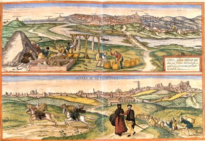Vistas de Conil de la Frontera (Conil) e Xeres (Xeres de la Frontera), Espanha (gravura de Franz Hogenberg