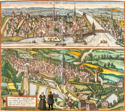 Vistas de Constance (Contantia), Alemanha e St. Galli (S. Galli), Suíça (gravura de Franz Hogenberg