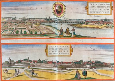 Vistas de Dresden (Dresa) e Leipzig (Lipsia), Alemanha (gravura de Franz Hogenberg