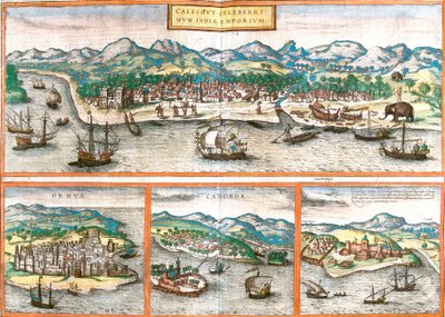 Vistas de Kozhikode ou Calicut (Calichut) (Índia), Ormuz (Ormus) (Irão), Cannanore ou Kannur (Canonor) (Índia) e São Jorge da mina (S. Georgii) ou Elmina (Gana) (gravura de Franz Hogenberg