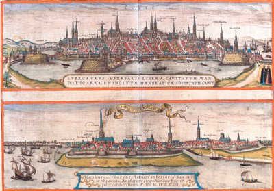 Vistas de Lubeck (Lubeca) e Hamburgo (Hamburga), Alemanha (gravura de Franz Hogenberg