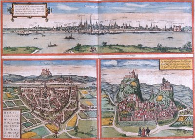 Vistas de Mainz (Moguntia), Würzburg, Alemanha e Sion (Sedunum) na Suíça (gravura de Franz Hogenberg