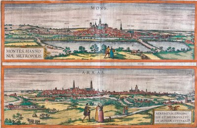 Vistas de Mons (Montes) (Bélgica) e Arras, França (gravura de Franz Hogenberg