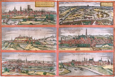 Vista de Munique (Monacum) Ingolstadt (Ingolstadium), Freising (Frisingensis), Nordlingen (Nordlinga), Regensburg (Ratispona) e Straubing (Stravbinga), Alemanha (gravura de Franz Hogenberg