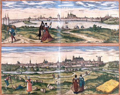 Vistas de Orleans et Bourges, França (gravura de Franz Hogenberg