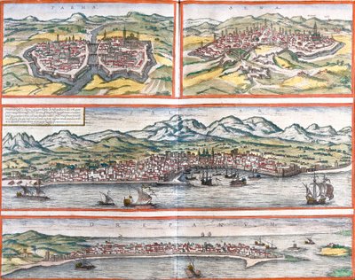Vistas de Parma (Parma), Siena (Sena), Palermo (Panhormus) e Trapani (Drepanum) (Sicília), Itália (gravura de Franz Hogenberg