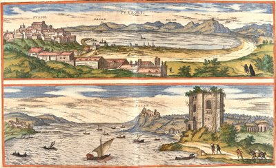 Vista de Pozzoli (Puteoli) e Baías (Baiae) (Baia actual), Itália, com os antigos restos dos banhos térmicos do Golfo de Nápoles e uma fortaleza (gravura de Franz Hogenberg