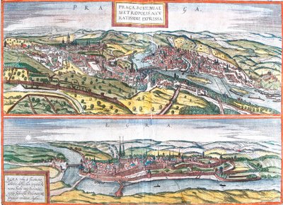 Vistas de Praga (Praga) e Egra, República Checa (gravura de Franz Hogenberg