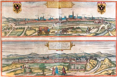 Vistas de Viena (Viena), Áustria e Budapeste (Buda), Hungria (gravura de Franz Hogenberg