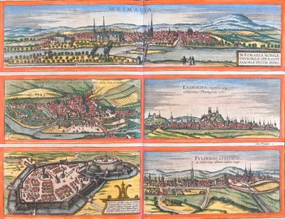 Vistas de Weimar (Weimaria), Iena, Erfurt (Erdfordia), Gotha e Fulde (Fuldensis), Alemanha (gravura de Franz Hogenberg