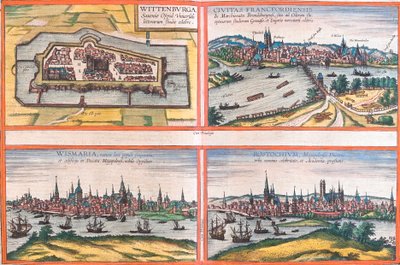 Vistas de Wittenburg (Wittenburga), Frankfurt (Francfordiensis), Wismar (Wismaria) e Rostock (Rostochium), Alemanha (gravura de Franz Hogenberg
