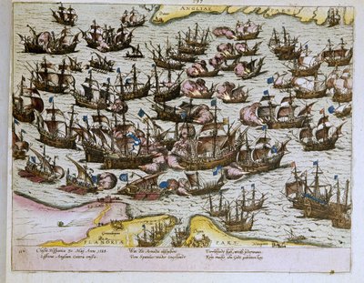 a derrota da invicível Armada espanhola pelas costas inglesas em 08/08/1588, ilustração de 1653 (gravura) de Franz Hogenberg