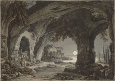 Paisagem ideal com gruta rochosa, túmulos e ruínas ao luar, c. 1790. de Franz Innocenz Josef Kobell