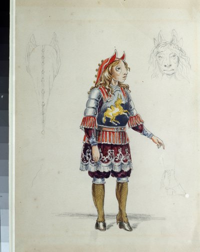 Desenho de trajes para o Ballet The Little Humpbacked Horse de C. Pugni (1802-1870). O pequeno cavalo. Trabalho de Franz Iosifovich Nordmark, lápis e aguarela sobre papel de Franz Iosifovich Nordmark