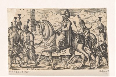Sultão a cavalo acompanhado por soldados de Franz Isaac Brun