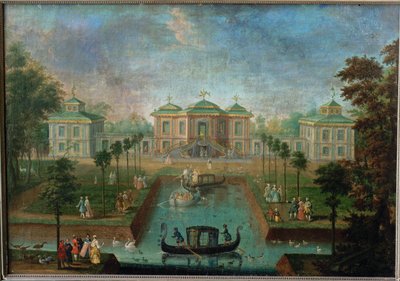 A vida de corte no parque do Palácio de Augustusburg em torno da Casa da Índia, vista do leste ... de Franz Jakob Rousseau