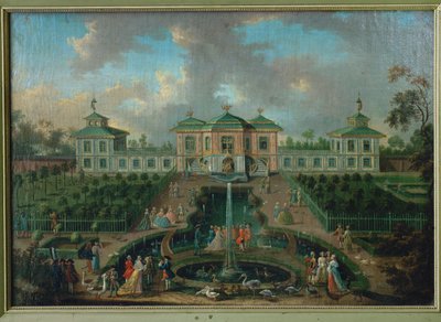 A vida de corte no parque do Palácio de Augustusburg em torno da Casa da Índia, vista do oeste ... de Franz Jakob Rousseau