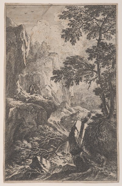 Placa 2: um caçador mirando com sua arma, ajoelhado ao lado de uma grande pedra à direita, um ma..., ca. 1700-25. de Franz Joachim Beich