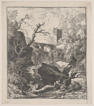 Ilustração 2: duas figuras sentadas em um tronco de árvore na margem de um riacho em primeiro plano,..., ca. 1700-25. de Franz Joachim Beich