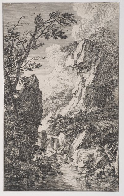 Ilustração 4: dois pescadores na margem de um córrego à direita, uma cachoeira ao centro, a partir..., ca. 1700-25. de Franz Joachim Beich