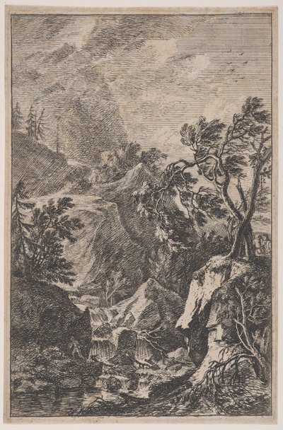 Ilustração 6: duas figuras masculinas em pé sobre uma rocha à direita, uma cachoeira no centro com um..., ca. 1700-25. de Franz Joachim Beich