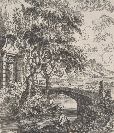 Ilustração 7: duas figuras à direita prestes a atravessar uma ponte de pedra, um pescador no for..., ca. 1700-25. de Franz Joachim Beich
