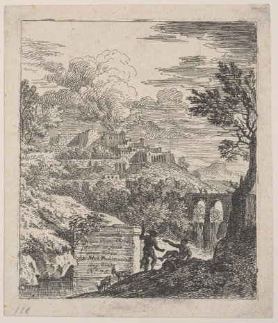 Dois pastores descansando junto a um pedestal, um aqueduto ao fundo, um..., ca. 1700-25. de Franz Joachim Beich