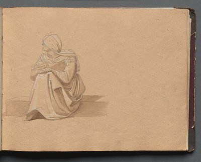 Álbum com vistas de Roma e arredores, Estudos de paisagem, página 19a: Figura feminina sentada de Franz Johann Heinrich Nadorp