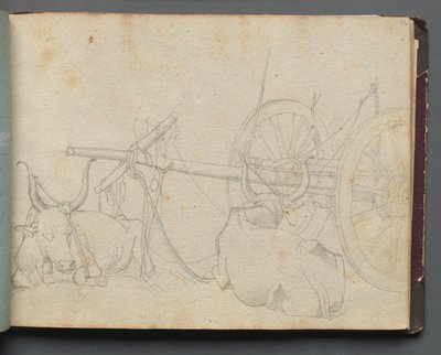 Álbum com Vistas de Roma e Arredores, Estudos Paisagísticos, página 37a: Bois e carroças de Franz Johann Heinrich Nadorp