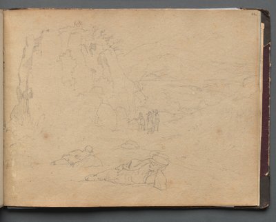Álbum com vistas de Roma e arredores, Estudos de paisagem, página 44a: Figuras em uma paisagem. de Franz Johann Heinrich Nadorp