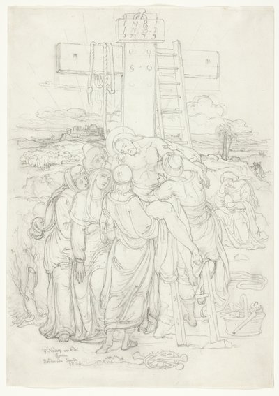 Descida da cruz com uma silhueta de Jerusalém ao fundo de Franz Johann Heinrich Nadorp