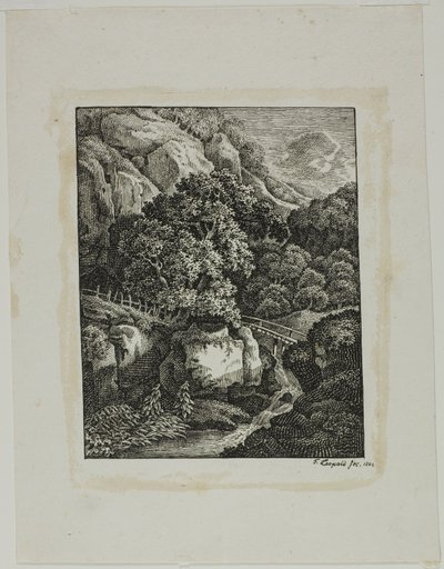 Paisagem de montanha arborizada com uma pequena cachoeira e caminho de Franz Joseph Leopold