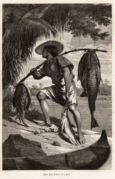 Moxo indígena (Mojo, Moxeno) (da região do Mato Grosso) voltando da pesca, gravado após um desenho do narrador, ilustrando uma viagem de exploração na Amazônia e na Madeira, de 1874, de Franz Keller Leuzinger, publicado em "Le tour du de Franz Keller