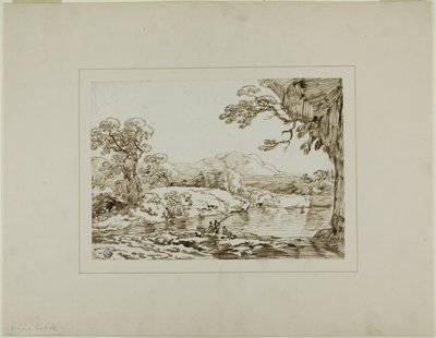 Paisagem com rio, colinas distantes e figuras de pesca em primeiro plano de Franz Kobell