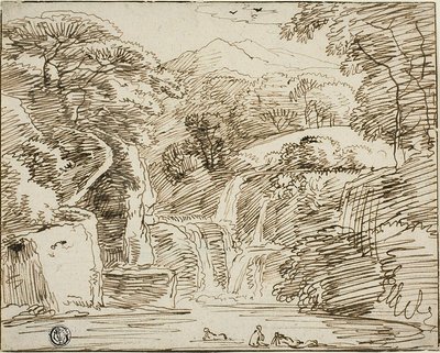 Ninfas a banharem-se junto a quedas de água numa paisagem de montanha de Franz Kobell