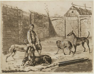 Pátio, com um rapaz e cães de Franz Krüger