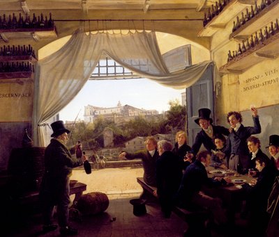 Louis II de Baviere bebendo com amigos na taberna de vinho espanhol em Roma. 1824 (óleo sobre madeira) de Franz Ludwig Catel