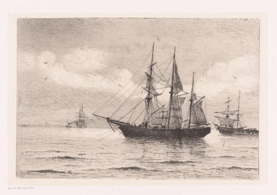 Paisagem marítima com um navio de três capitães e outros de Franz Maecker